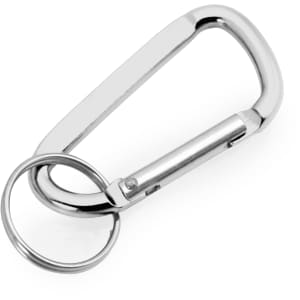 A silver carabiner with a built-in keyring attachment. It features a sleek, metallic design.