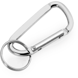 A silver carabiner with a round keyring attachment, featuring a sleek, polished design.