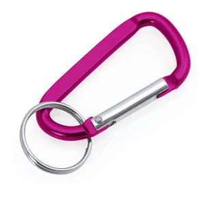 A pink carabiner keyring with a silver metal clasp, designed for attaching items securely.