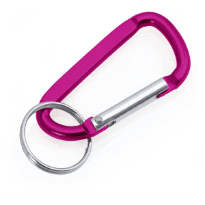 A pink carabiner with a metal keyring attachment. It features a simple design and has a branding logo.