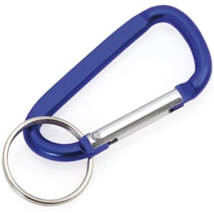 A blue carabiner keyring with a silver clip, featuring a round attachment ring. It has a simple, sturdy design.