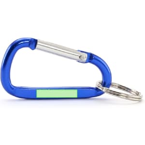 A blue carabiner keyring with a silver clasp and a small green section. It features a metal ring attached.
