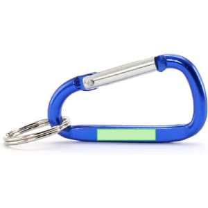 A blue carabiner with a silver gate and attached keyring, featuring a small branding logo.