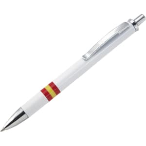 A metal pen in white with red and yellow accents, featuring a chrome clip and tip. It has a logo on the barrel.