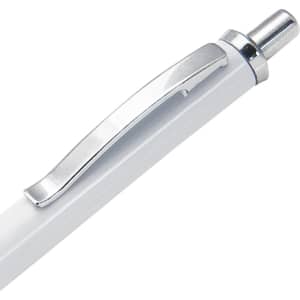 A white metal pen with a shiny silver clip and a sleek design. It features a branding logo on the side.