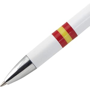 A metal pen with a white body, featuring red and yellow stripes and a shiny silver tip. It has a logo on it.