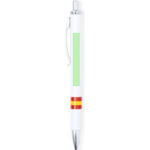 A metal pen in white with a red and yellow striped design and a clip. It features a green section for customisation.