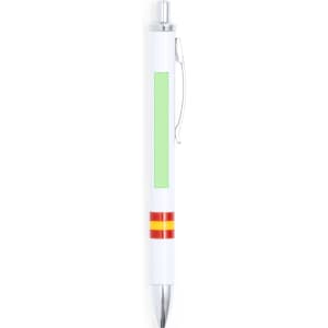 A metal pen in white with green and red accents, featuring a clip and a logo.