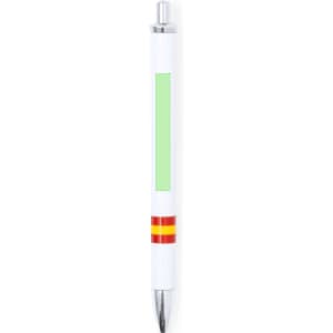 A metal pen with a white barrel, featuring a green section and red and yellow stripes near the tip. It has a logo.