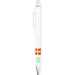 A metal pen featuring a white body with red and yellow accents. It includes a clip and has a logo on the side.