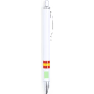 A metal pen in white featuring red and yellow stripes, with a green accent and a clip, alongside a branding logo.