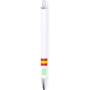 A metal pen featuring a white body with red and yellow stripes and a green section, finished with a chrome tip.