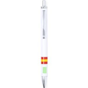 A metal pen in white with red and yellow stripes, featuring a silver clip and a green accent.
