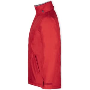 A red Zylka Parka rain jacket with a high collar and side pockets, featuring a logo.