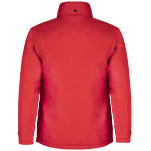 A red Zylka parka jacket featuring a simple design and a collar, with a logo on the back.