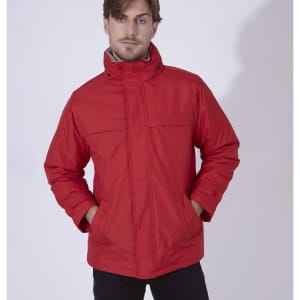 A red rain jacket with a zip front, two chest pockets, and a high collar, featuring a logo.