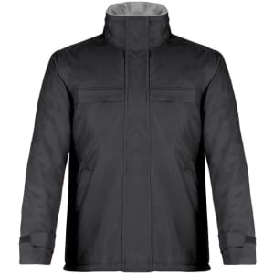 A black rain jacket featuring a high collar, front pockets, and a logo. The interior is grey.