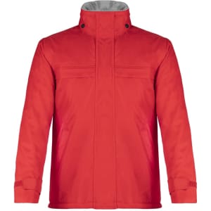 A vibrant red rain jacket featuring a high collar and snap closures, with a logo on the front.