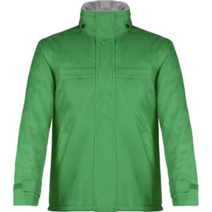 A green rain jacket with a high collar, featuring a front placket and cuffs, and includes a logo on the chest.
