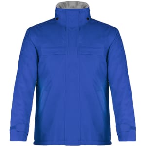 A blue rain jacket with a high collar, featuring two front pockets and a logo on the upper left.