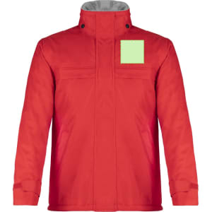 A red rain jacket with a high collar and a patch area on the front. It features a logo on the chest.