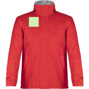 A red Zylka Parka rain jacket with a grey interior and a square patch on the front. It features a high collar and buttons.