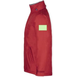 A red rain jacket featuring a green patch on the sleeve and a high collar design. It has pockets for storage.