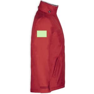 A red rain jacket featuring a high collar and a blank patch on the sleeve.