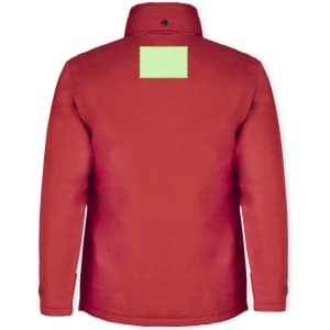 A red rain jacket with a collar and a logo on the back, featuring a blank patch.