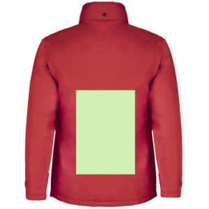 A red rain jacket with a blank green patch on the back and buttoned collar. It has a logo on the front.