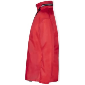 A red rain jacket features a sleek design and has a logo on the side.
