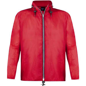 A red rain jacket with a zip front, adjustable hood, and toggles. It features a logo on the chest.