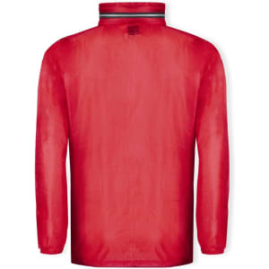 A red rain jacket featuring a simple design and a collar, with a logo on the back.