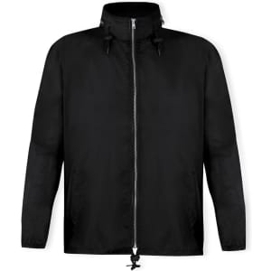 A black rain jacket with a front zip, adjustable hood, and side pockets. It features a logo on the chest.