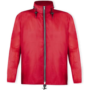A red rain jacket featuring a zip front, adjustable hood, and two side pockets, with a logo on the chest.