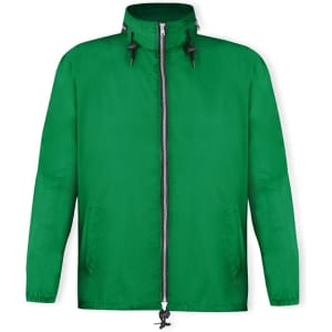 A green rain jacket featuring a zip closure, adjustable features, and front pockets. It has a logo on it.