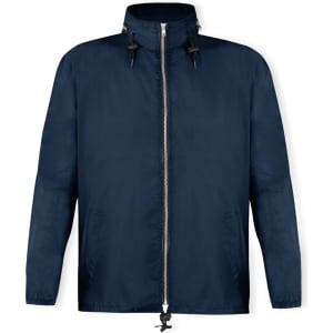 A navy rain jacket with a zip front, adjustable drawstring, and side pockets. Features a branding logo.