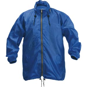 A blue rain jacket with a zip front, elastic cuffs, and adjustable drawstrings at the neck and hem.