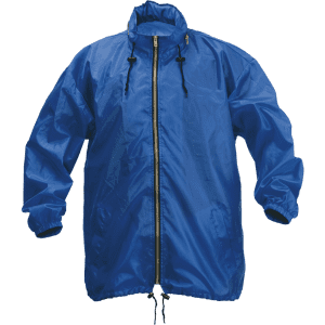 A blue rain jacket featuring a full zip front, drawstring waist, and elastic cuffs. It includes a logo.