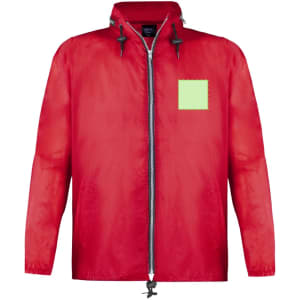 A red rain jacket with a hood and zipper, featuring two front pockets and a logo on the chest area.