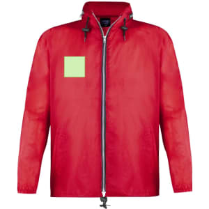 A red rain jacket with a hood, featuring a zip closure and a logo on the front.