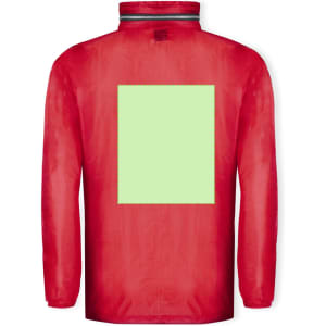 A red rain jacket featuring a green square patch on the back and a collar, with a logo present.