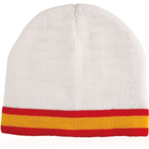 A cream beanie with a red, yellow, and orange striped band at the bottom, featuring a logo.