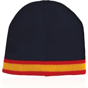 A navy beanie featuring a red and yellow striped band at the bottom, with a logo on one side.