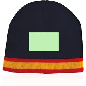 A beanie made of a dark navy fabric with a red and yellow striped cuff and a blank area for branding.