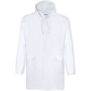 A white rain jacket with a hood, featuring two front pockets and a logo.