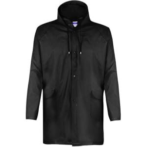 A black raincoat with a hood, featuring a front zip, drawstring, and two pockets. It has a logo on the chest.