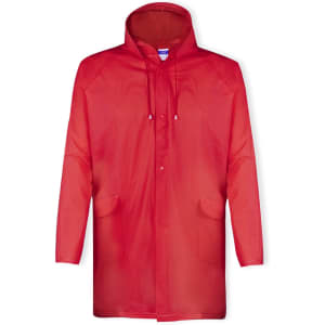 A red raincoat with a hood and pockets, featuring a logo on the front.
