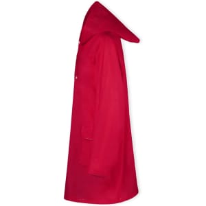 A red rain jacket with a hood and a side pocket, featuring a logo on the fabric.