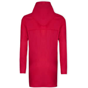 A red raincoat featuring a hood and a longer cut, with a design that includes a logo.